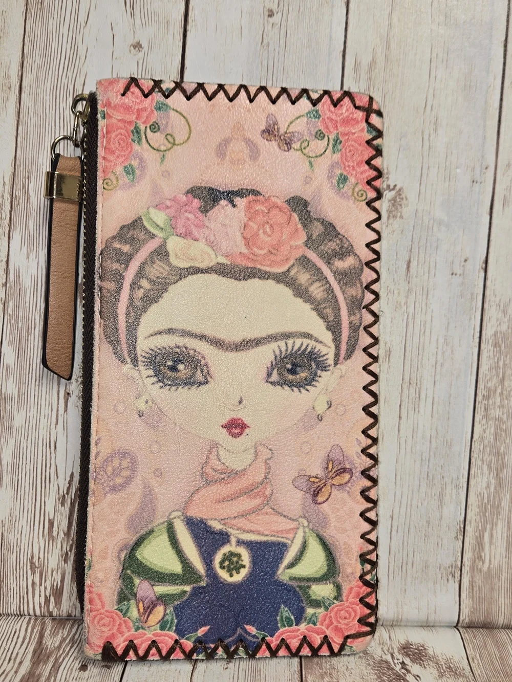 Frida Kahlo Inspired Faux Leather Wristlet Wallet Floral Zip Clutch